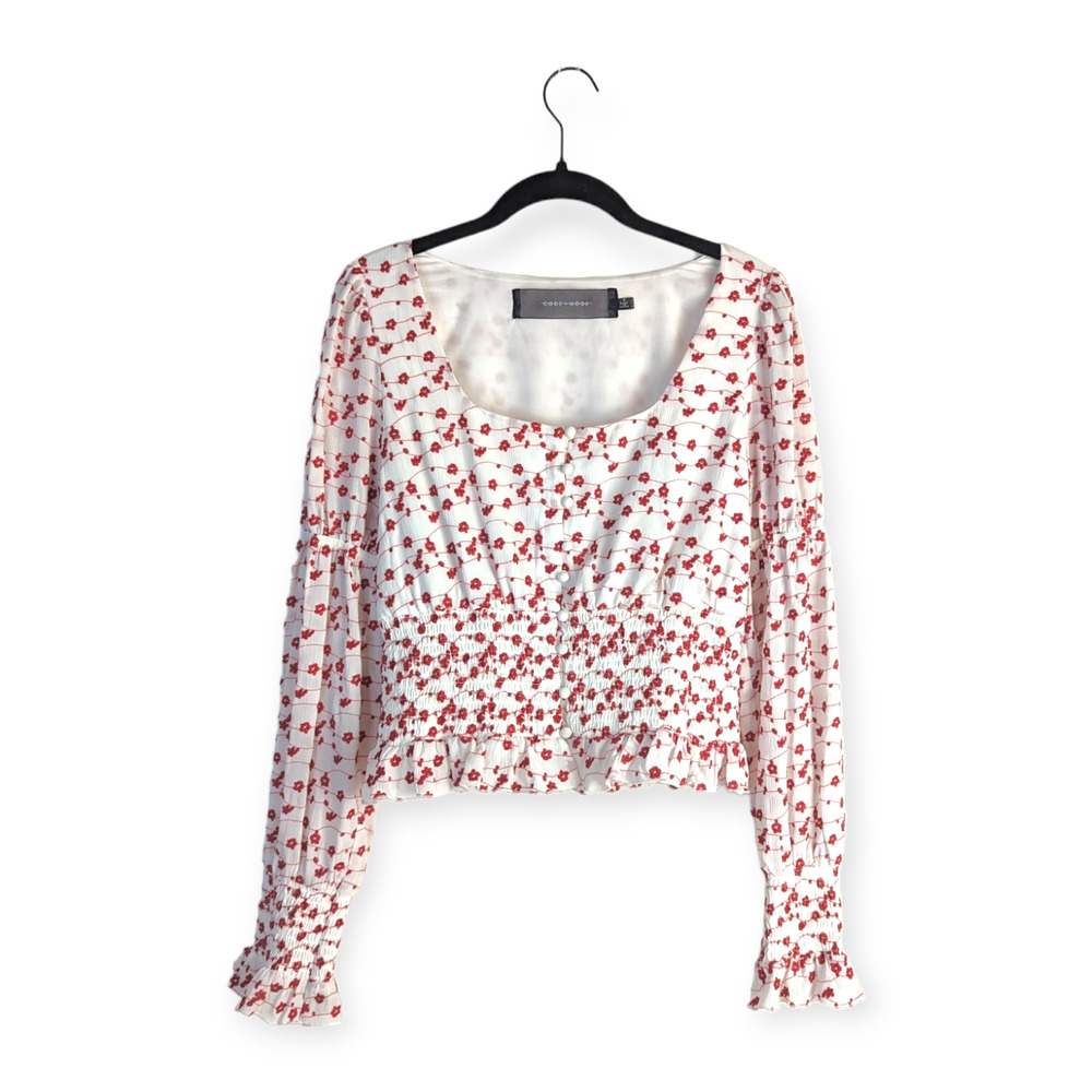 Code X Mode White Red Floral Print‎ Long Sleeve Embroidered Smocked Top Size S